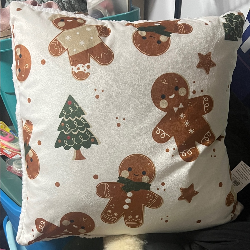 Festive Gingerbread Pillow with Christmas Tree Design
